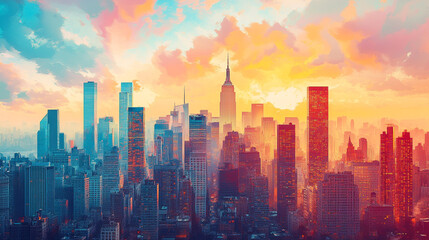 Fototapeta premium Vibrant sunset illuminating the New York City skyline with stunning colors and clouds