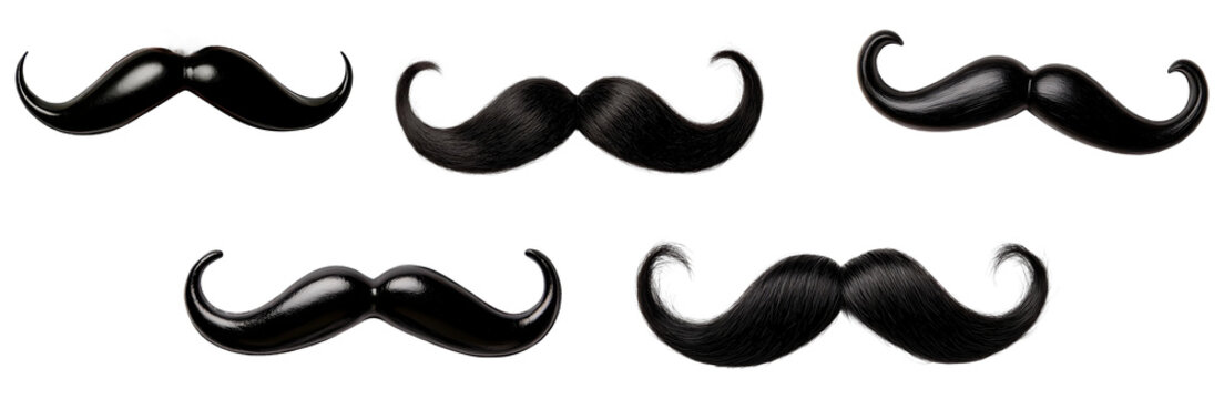 Black mustaches in different shapes and styles, isolated on transparent background
