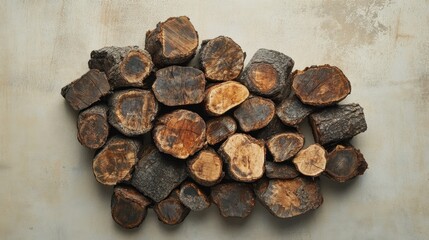 A pile of industrial wood logs displayed on a rustic beige background