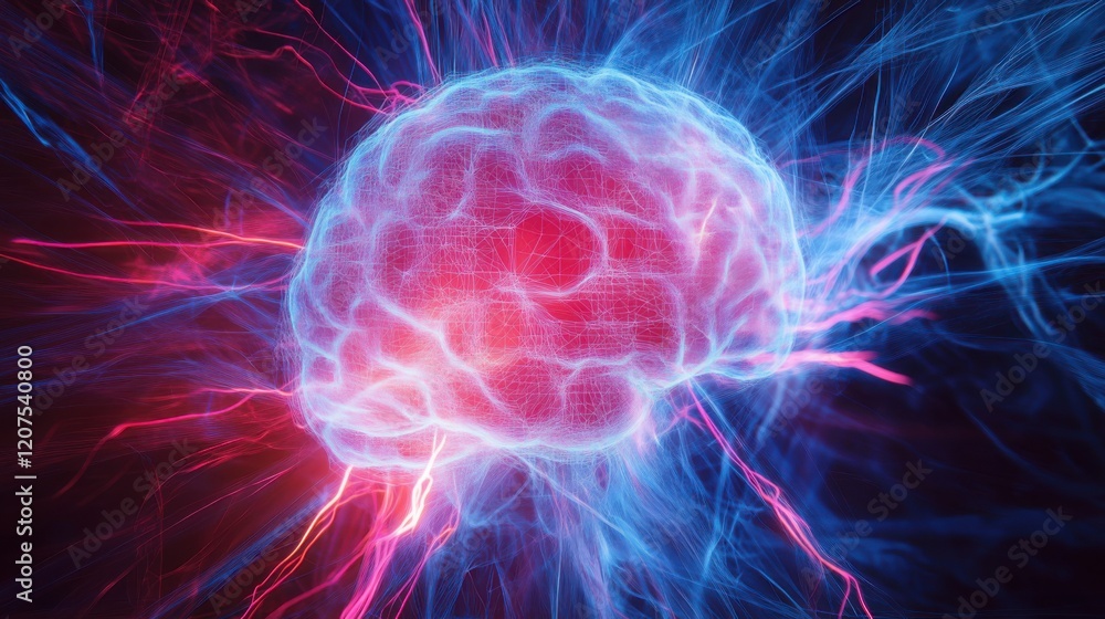 Aufkleber brightly colored digital representation of a brain pulsing with energy and light in a futuristic set