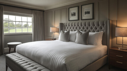 Elegant bedroom showcasing a spacious layout with modern decor and comfortable furnishings