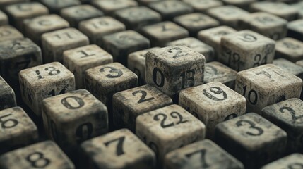 Close-up of aged, wooden number cubes, showing wear and texture.