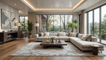 Chic modern living room interior featuring stylish furniture and a unique concrete texture wall background. This design combines industrial elements with contemporary decor, ideal for home design