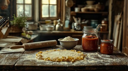 Fototapeta premium Rustic kitchen counter with fresh pasta and tomato sauce