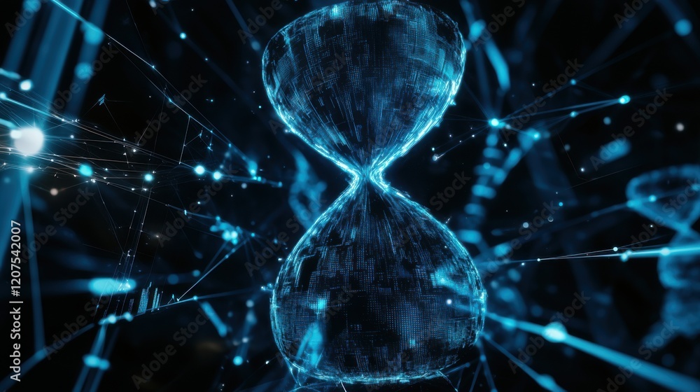 Poster digital hourglass with glowing particles representing time and technology in a futuristic setting