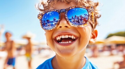 Happy little boy wearing sunglasses and laughing on the beach
