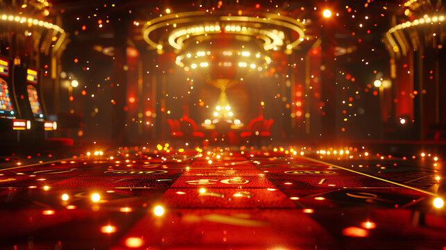 3d casino background with red and gold colors, empty space for text in the center of picture, casino elements around, slot machine on left side