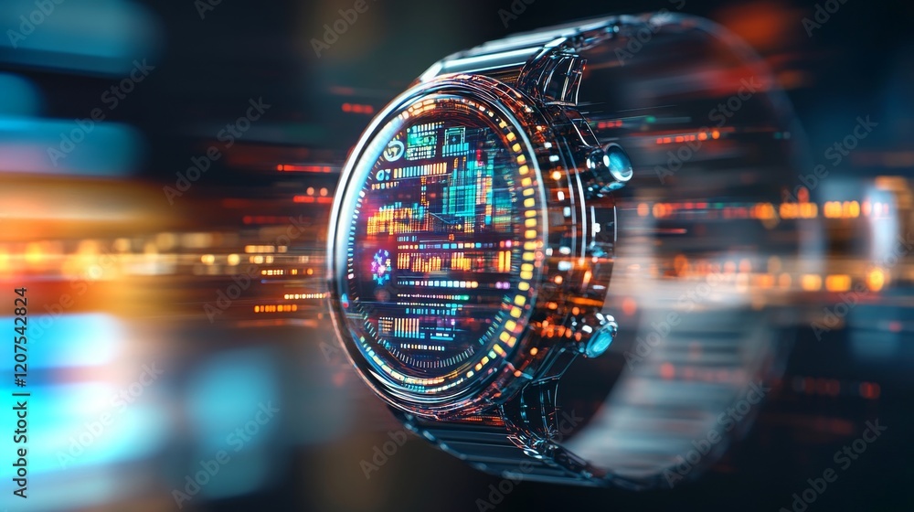 Poster high-tech smartwatch showcases seamless cbdc integration in futuristic setting