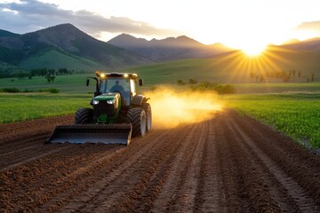 Obraz premium A tractor skillfully plowing a field during sunrise, creating a picturesque farming scene while symbolizing hard work and the beginning of a new day in agriculture.