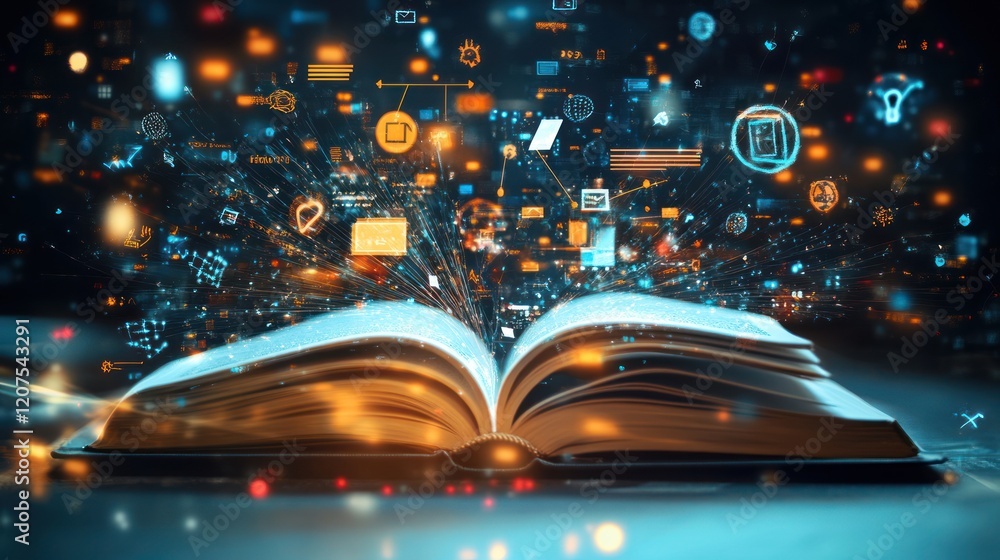 Poster open book with digital holographic information icons and network connections flying out representing