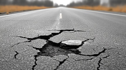 Obraz premium Cracked asphalt road with a large pothole surrounded by blurred autumn landscape in the background