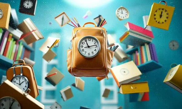 Floating backpack with clock and school supplies in library