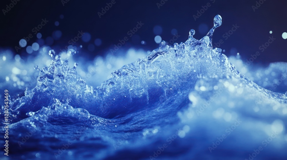 Poster dynamic close-up captures the essence of a splashing wave with a deep blue backdrop