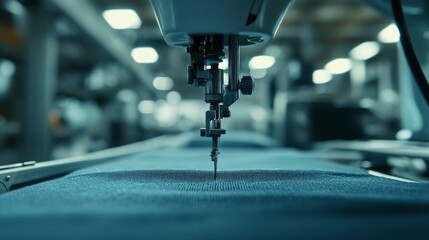 Close-up of industrial sewing machine needle in operation at textile factory macro photography modern manufacturing environment