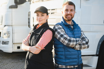 A woman and a man work as truck drivers. The concept of logistics and cargo delivery. In the...