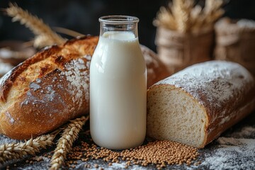 Milky white fermented drink from sprouted cereals in a clear bottle. Dark background with space for copy. Fresh Rejuvelac
