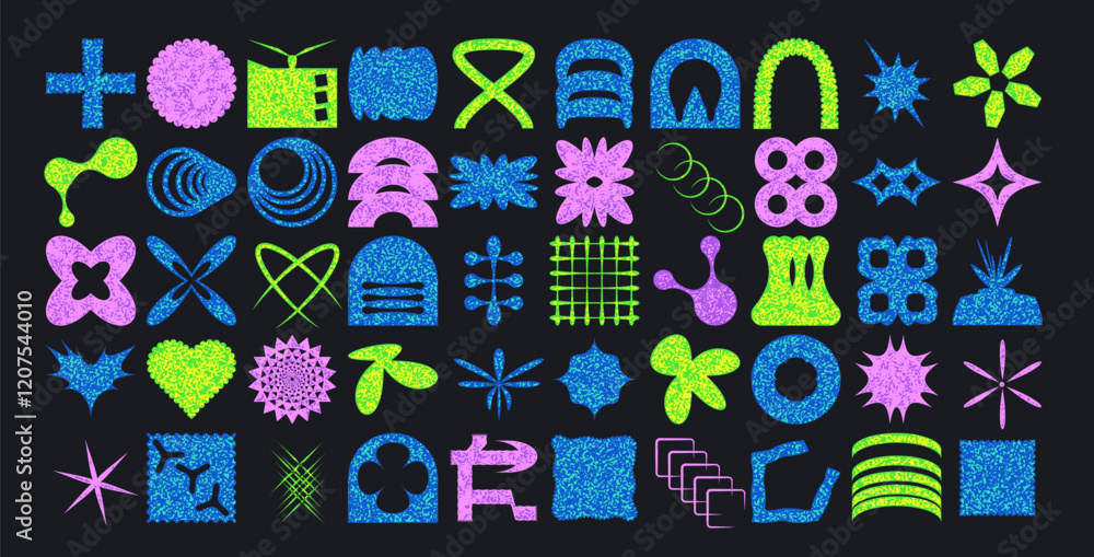 Poster geometric textured shapes set. brutalism figures pack. retro y2k grainy noise forms. simple graphic 