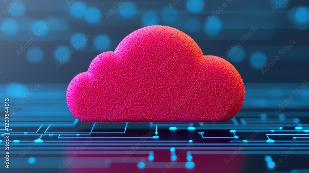 Poster vibrant pink cloud over digital background with circuit patterns