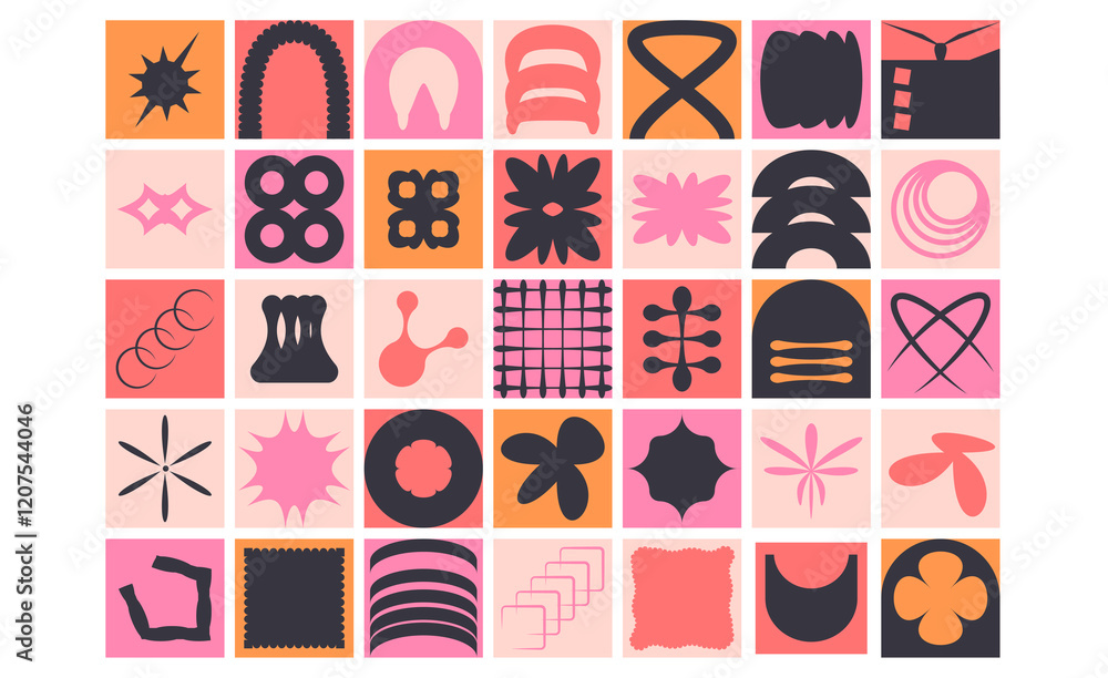 Poster geometric modular shapes set. square blocks abstract brutalist elements pack. mosaic pattern design.