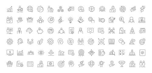 Management thin line icon set. Containing Business, Strategy, Management, Goal, Target, Leadership, Teamwork, Work Group, Human Resources vector icons. Editable stoke.
