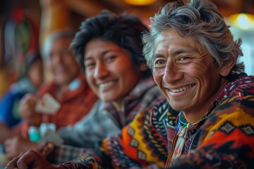 Two smiling individuals share joy and connection in a vibrant cultural setting.