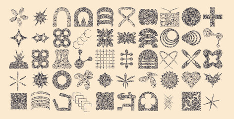 Geometric grain textured shapes set. Brutalist retro figures. Noise y2k forms. Graphic distortion stickers. Vector refraction elements collection. Stipple effect basic and irregular design objects.