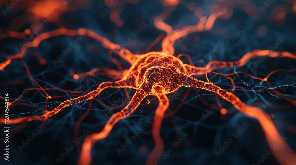 Poster close-up view of neuron with glowing connections and neural activity