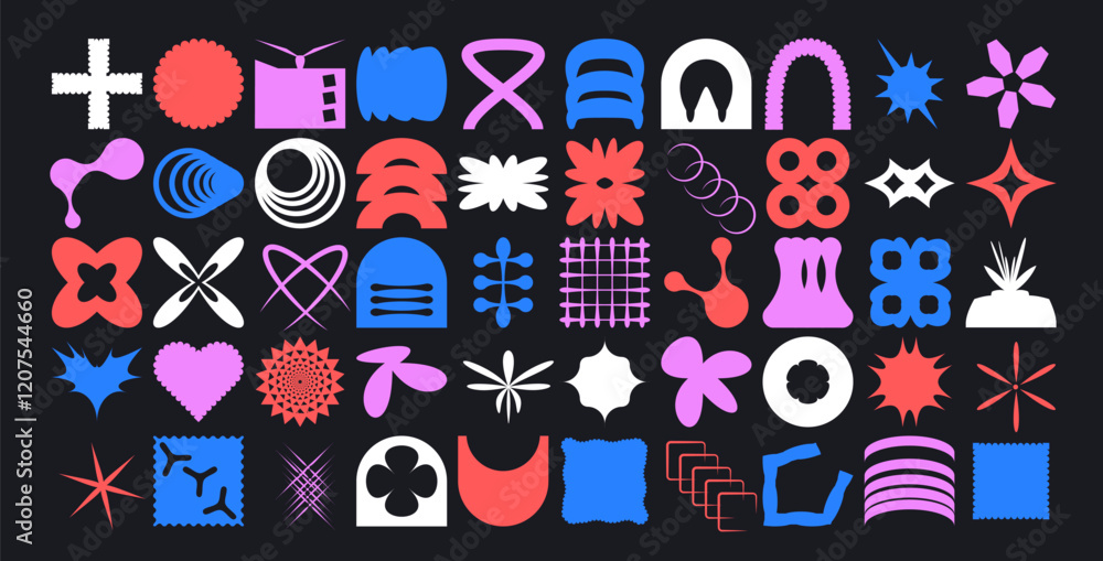 Poster geometric shapes set. brutalist figures pack. retro y2k forms. simple graphic distortion stickers. v