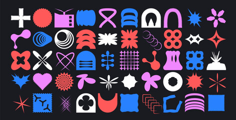 Obraz premium Geometric shapes set. Brutalist figures pack. Retro y2k forms. Simple graphic distortion stickers. Vector flat refraction elements collection illustration isolated on white background.