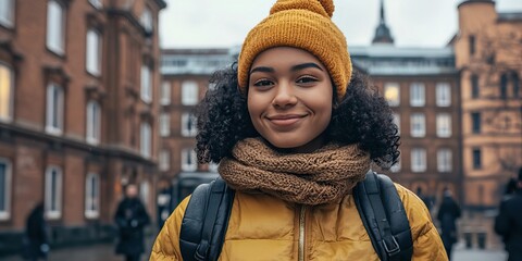 A college girl wearing a cozy yellow jacket and knit hat stands outside, smiling confidently. The background features campus buildings bustling with students on Women's Day