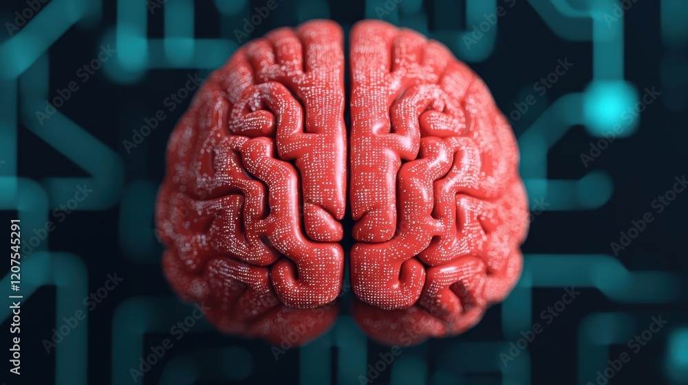 Poster red brain surrounded by digital circuitry and technology background