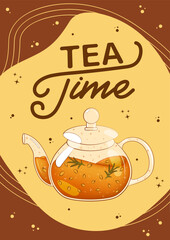 Poster with tea, teapot, teacup, sea buckthorn. For poster, card, banner, discount, special offer. Vector illustration EPS10 
