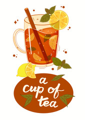 Poster with tea, teapot, teacup, lemon, mint. For poster, card, banner, discount, special offer. Vector illustration EPS10 
