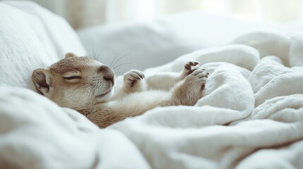 A groundhog stretching peacefully on a cozy bed covered with white blankets