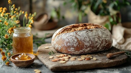 Rustic table showing sourdough almond butter and honey jar