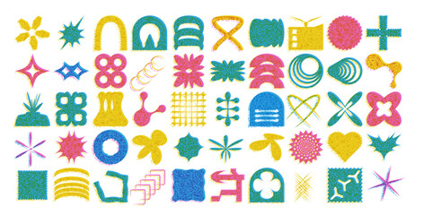 Geometric risograph shapes set. Brutalism postmodern figures pack. Retro y2k forms. Simple graphic distortion stickers. Vector flat refraction elements collection illustration.