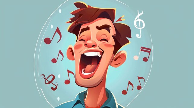 Cheerful Cartoon Character Singing with Musical Notes - Comic Toon Face Image