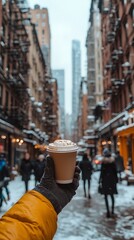 Obraz premium Snowy city street with person holding a hot beverage.