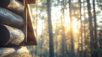 A close-up of a log cabin nestled in a serene forest, with sunlight filtering through the trees, evoking a warm and cozy feeling of a rustic retreat Copy space for text 