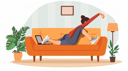 Fototapeta premium At-Home Workout: Woman Stretching on Sofa After Computer Work