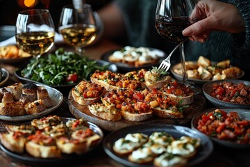 Obraz premium A woman is eating food in a restaurant, with a bottle of wine, cheese, meat, vegetables, and other appetizers on the table