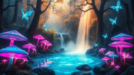 a beautiful waterfall fantasy world decorated by butterflies and magic mushrooms