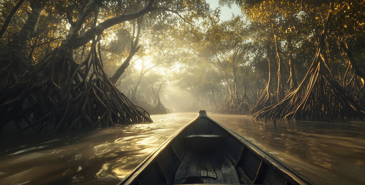 A boat gliding through a tranquil, misty river surrounded by lush greenery, evoking a peaceful exploration of nature in a serene environment.