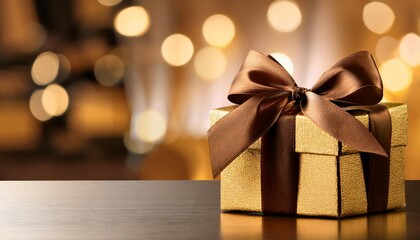 a luxurious gold gift box with a brown satin bow on a table