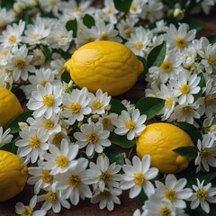 A lemon surrounded by delicate white flowers.