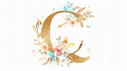 Obraz premium Elegant Golden Letter Q with Watercolor Flowers and Leaves for Design Projects