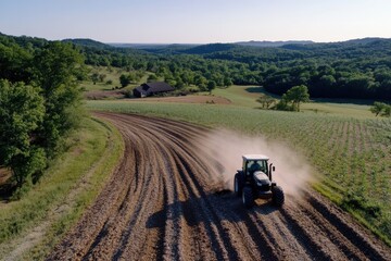 A powerful tractor navigates a winding path through lush countryside, emphasizing the process of land cultivation and the relationship between technology and agriculture.