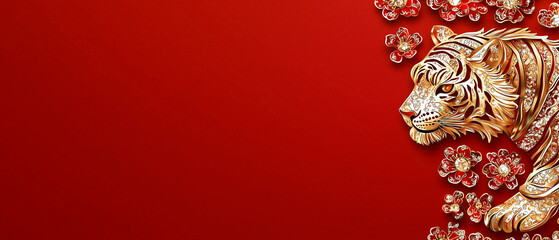 Obraz premium Golden Tiger with Red Flowers Chinese New Year Design, Transparent Background, Ai Generative Images