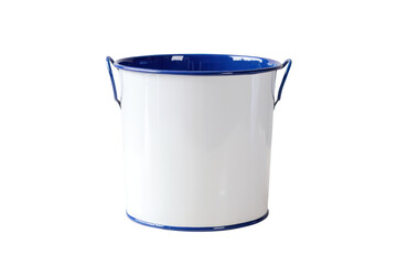 Vintage enamel milk pail featuring a white surface with a blue rim, standing on a white background with a smooth, clean surface