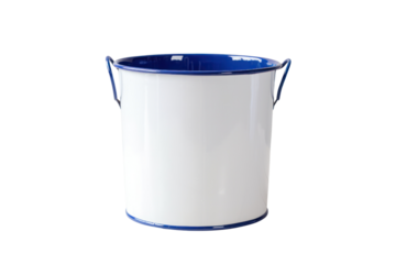 Vintage enamel milk pail featuring a white surface with a blue rim, standing on a white background with a smooth, clean surface